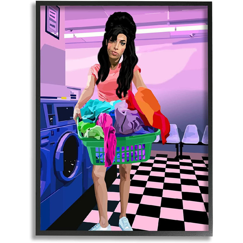 " Vivid Winehouse Laundry Laundromat Checkered Floor ", 14" H x 11" W x 1.5" D, Midnight Black Framed Giclee