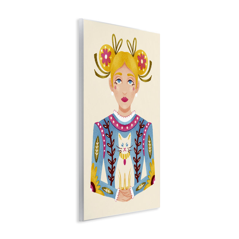 «Blonde Folk Girl with Cat», plaque murale par Hannah Moren, H 15 po x l 10 po