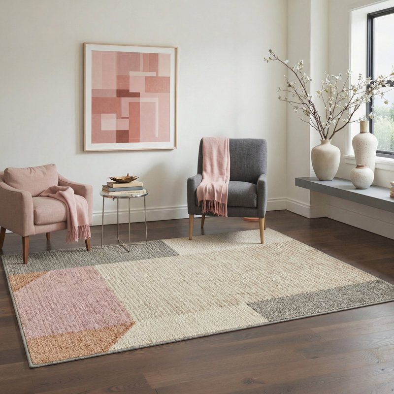 Abdellah Modern Geometric Machine Washable Pink/Beige/Grey Indoor Area Rug With Non-Slip Backing, Rectangle 6' x 9'