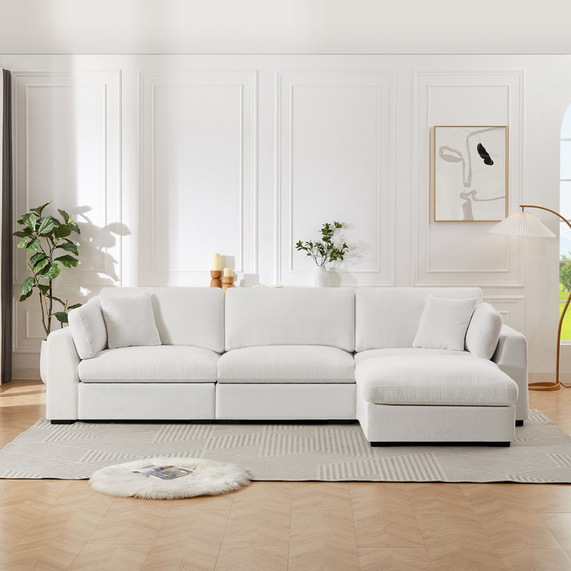 Canapé modulaire avec repose-pieds Aariketh, Polyester blanc, H 36,3 po x l 131,48 po x P 36,6 po