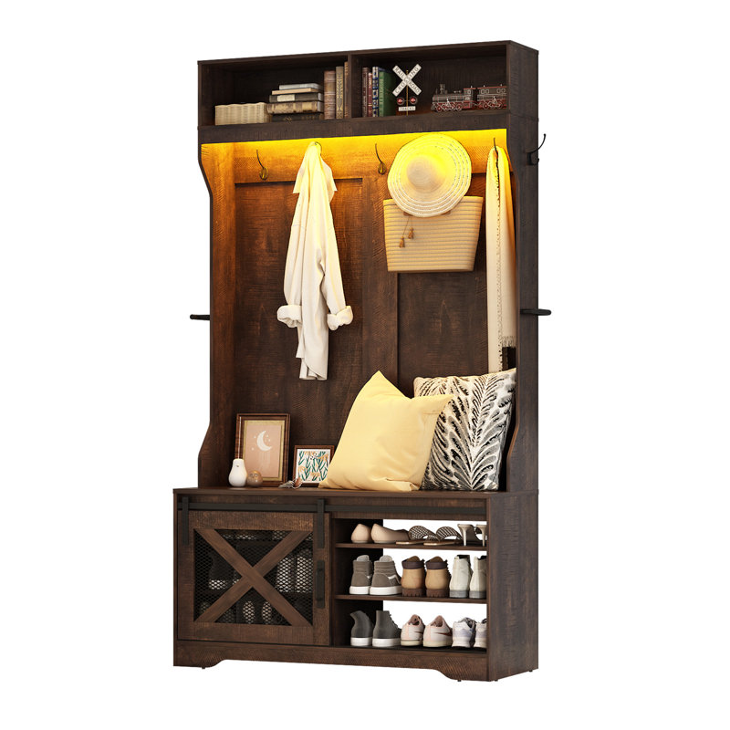 Portemanteau 75 pouces à DEL avec banc, armoire à chaussures réglable, 7 crochets à manteaux, porte-parapluies et bande lumineuse à DEL, porte-manteau sur pied en bois aggloméré robuste pour vestibule vestibule