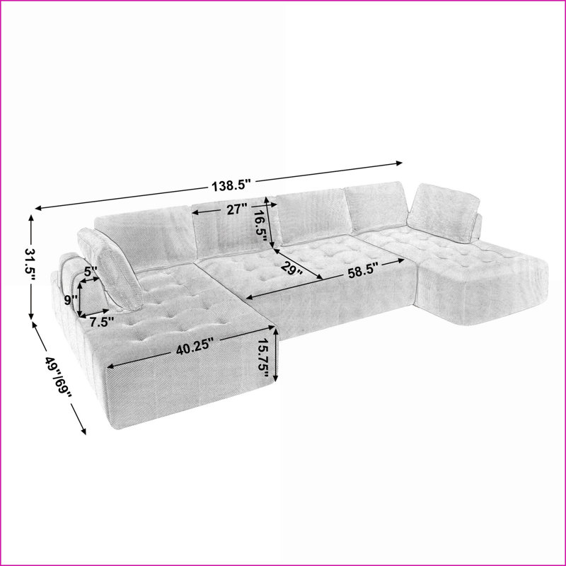 Canapé modulaire à assise en U modulaire à 6 places en tissu maille respirante de 138,5 po Sectional Green | Rembourré | Vert sauge