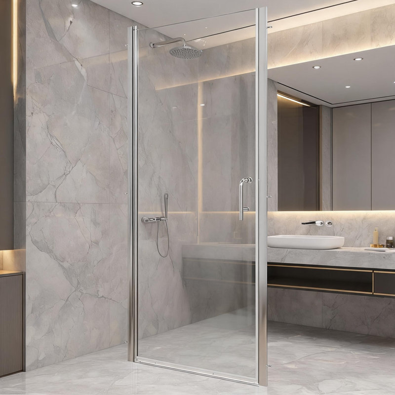Porte de douche pivotante semi-encadrée chromée avec verre transparent, dimensions : 86 à 91 cm x 183 cm.
