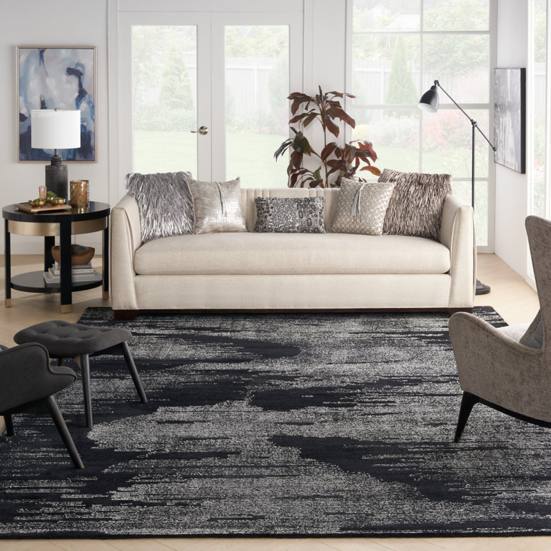 Abstract Area Rug in Black/Ivory, Rectangle 7'9" x 9'9"