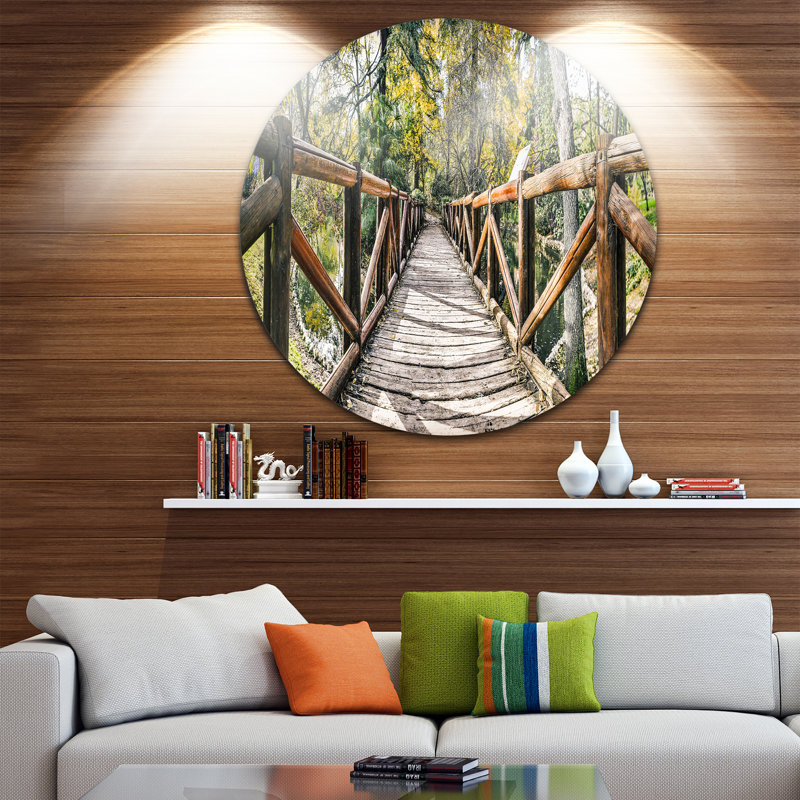 Pont en bois dans la forêt - reproduction de photo, H 36 po x l 36 po x P 1 po, Métal