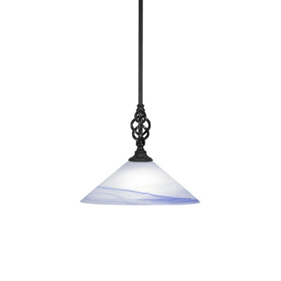 Eleganté Stem Hung Mini Pendant Shown In Matte Black Finish With 16" Blue Swirl Glass