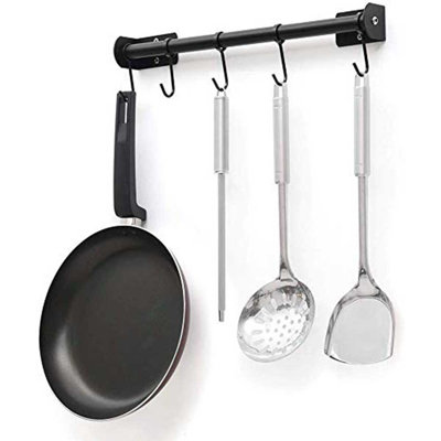 16 Inch Wall Mount Kitchen Pot Rack with 6 Hooks, Black Metal Utensil Organizer, Space Saving Cookware Storage Hanger for Home, Garage, Bathroom