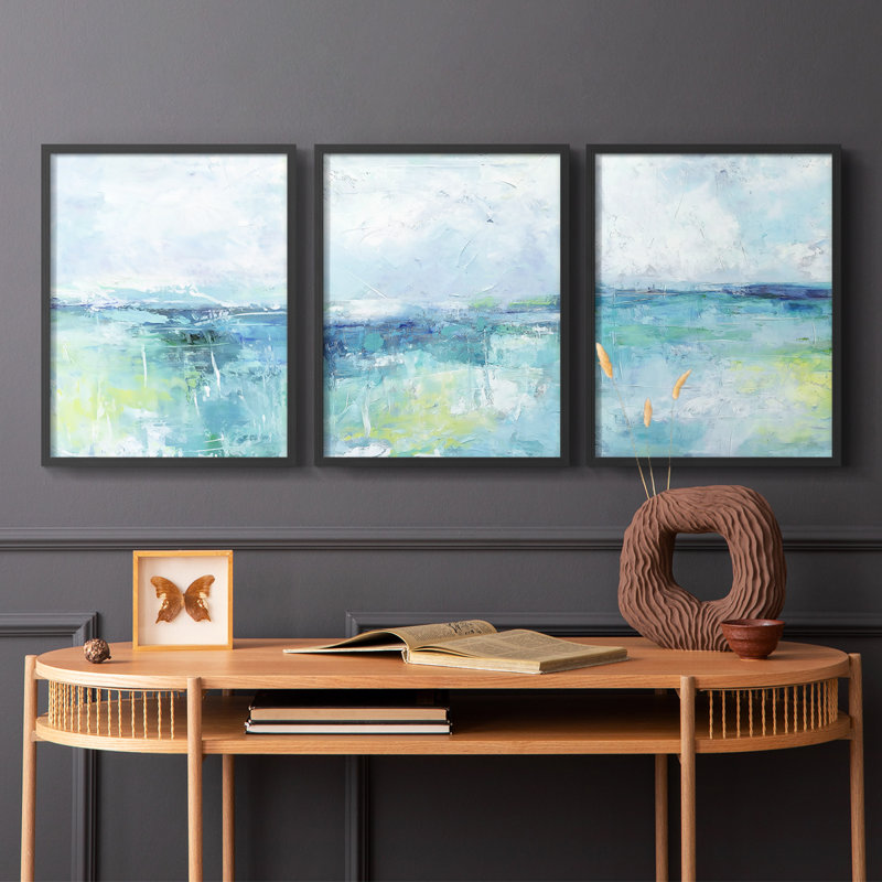 Série abstraite CCxxviii - ensemble de 3 estampes giclées encadrées - prêt à être accroché, Blanc, H 28 po x l 66 po