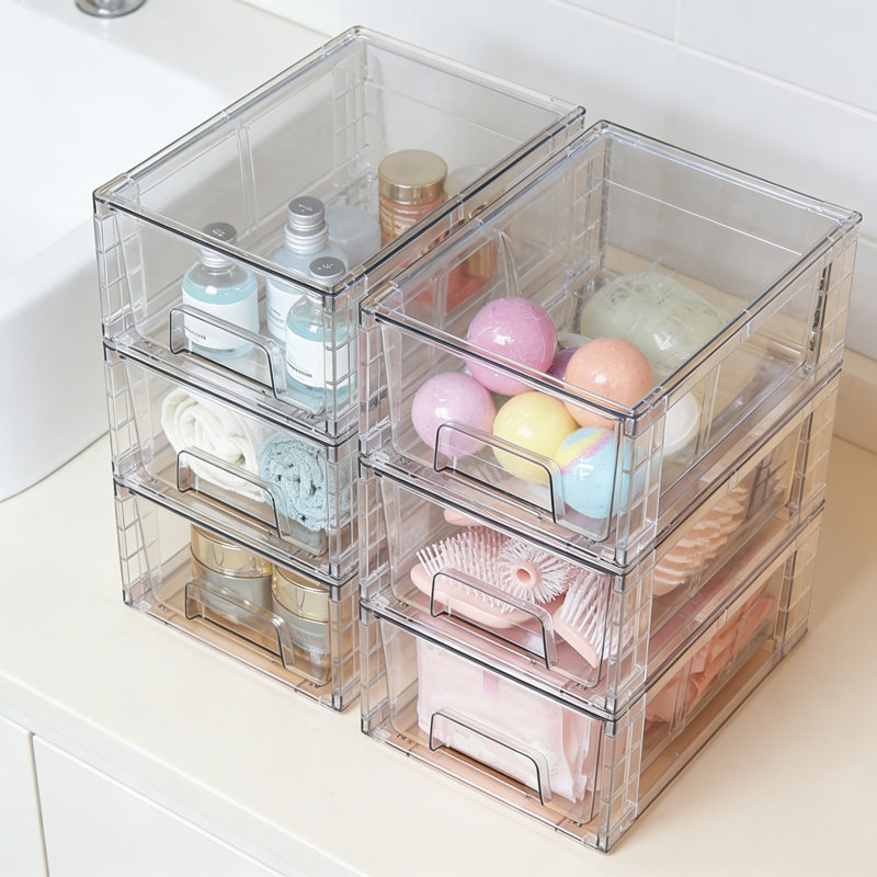 8 Pack Stackable Storage Drawers, Clear Acrylic Drawer Organizers With Handles, Containers For Fridge Bathroom Undersink Cabinet Pantry