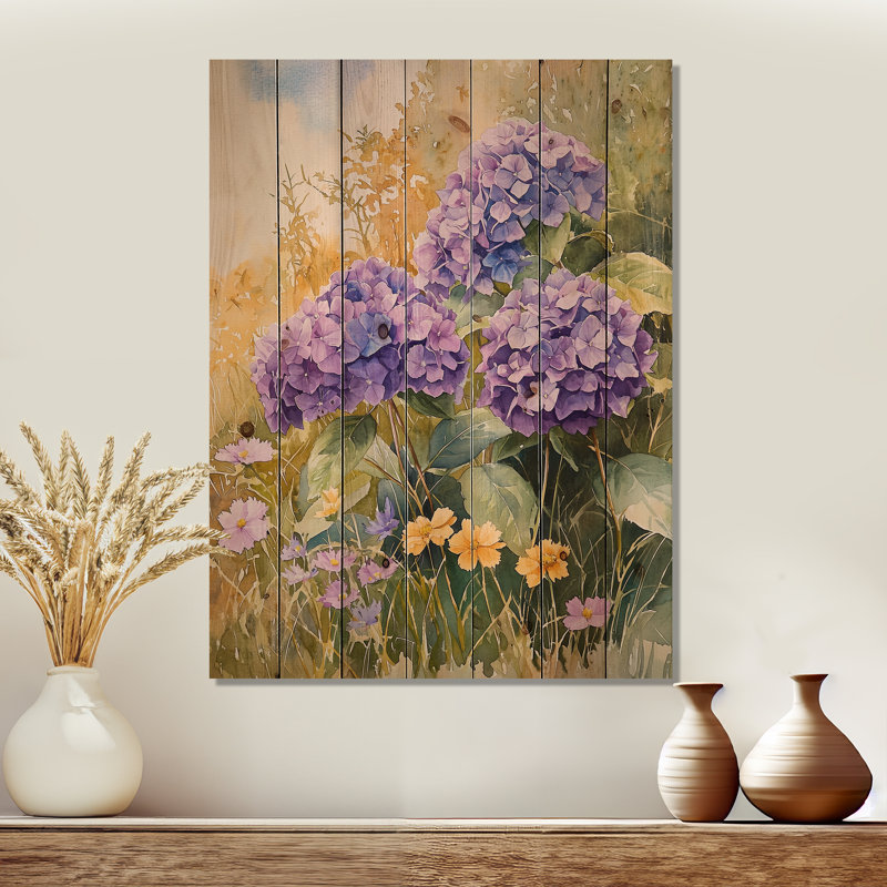 Hortensias et fleurs sauvages champêtre I - Art mural en bois d'hortensias - sur bois de pin naturel