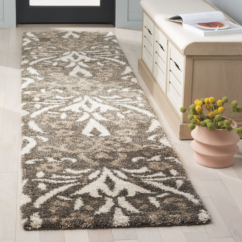 Tapis beige à motif floral Ellyona, Tapis de couloir 2 pi 3 po x 9 pi