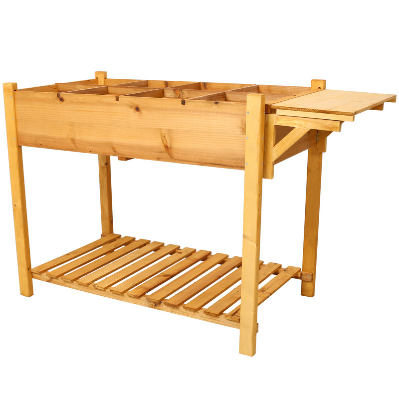 Lit de jardin surélevé en bois avec table pliable et espace pour diverses plantes de jardinage plantation côté 8 zones de culture séparées