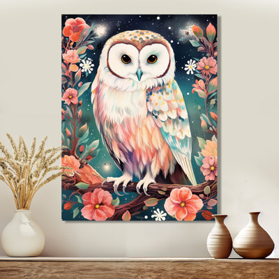 Hibou blanc, fleur rose, Illustration rétro I - hibou, art mural, décoration murale
