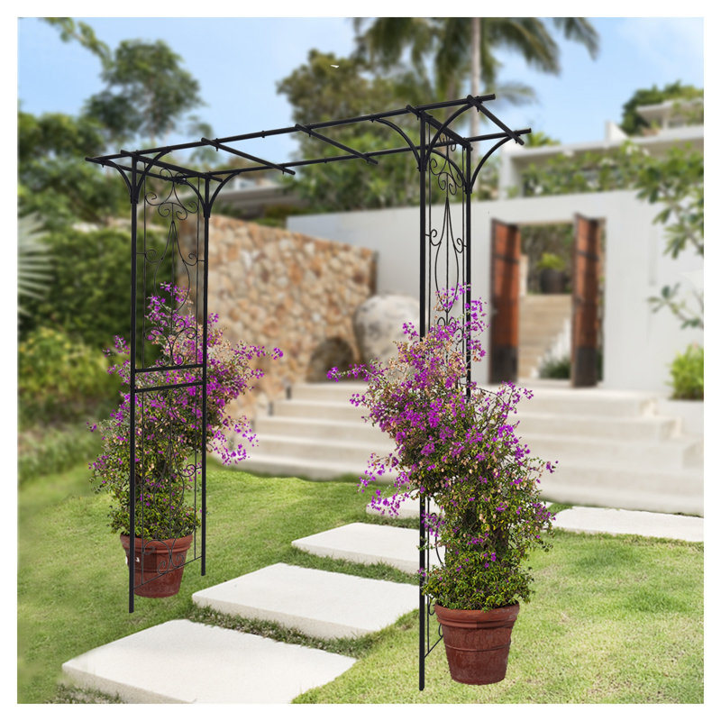 Treillis de jardin en métal noir pour plantes grimpantes - Tonnelle rose résistante à la rouille avec volutes décoratives pour les allées extérieures