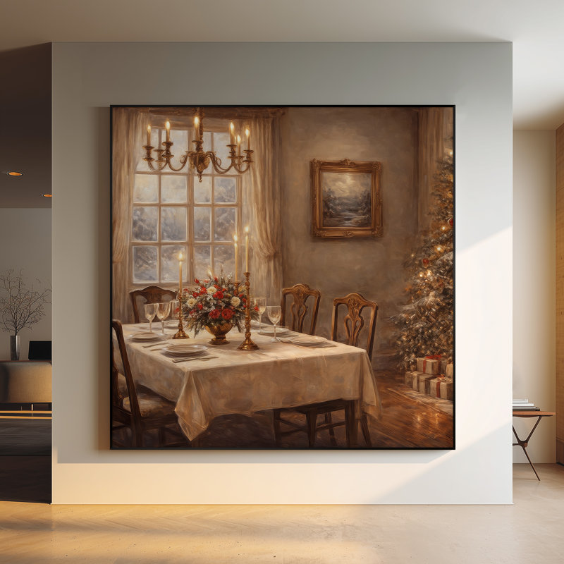 Très grand art mural imprimé sur tissu - Table de salle à manger de Noël brun, décor de salle à manger rustique - «Assemblage requis du cadre (cadre non fini)»