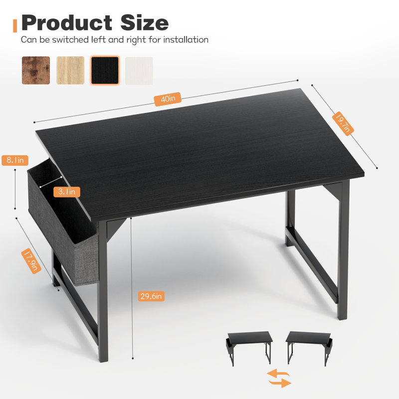 Bureau d'écriture en métal, H 29,6 po x l 40 po x P 19,7 po, Noir