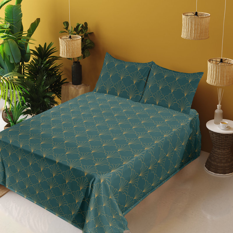 Microfiber Sheet Set, Full Sheet Set with 2 Pillowcases, Sand Brown/Teal Geometric