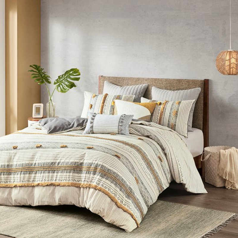 Housse de couette 100% coton pour lit très grand / très grand avec fermeture à boutons en tissu gris et jaune