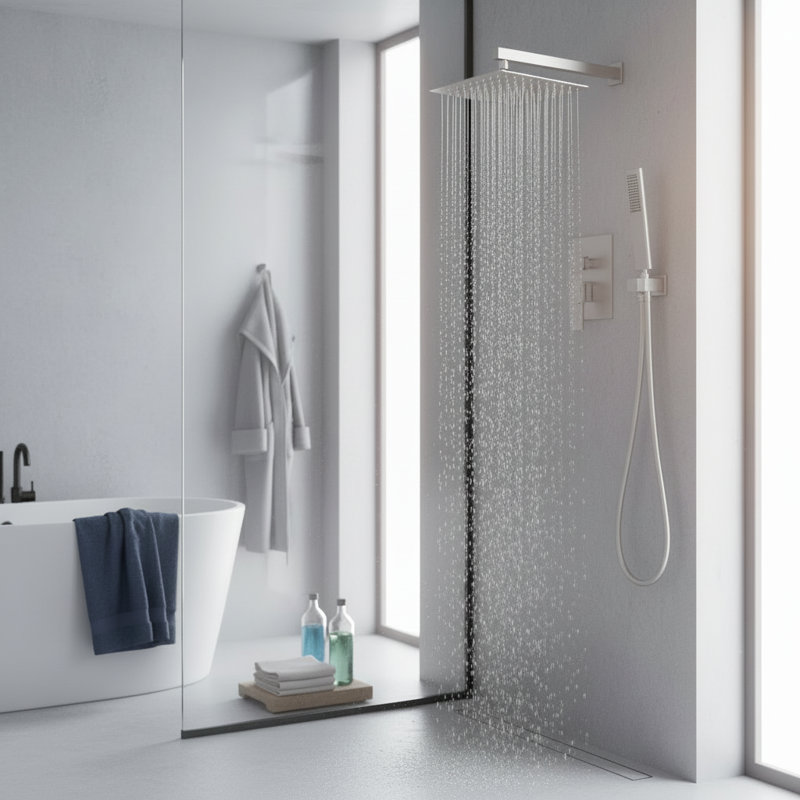 Système de douche à pluie moderne de 10 po avec valve à main et robinet brut, nickel brossé
