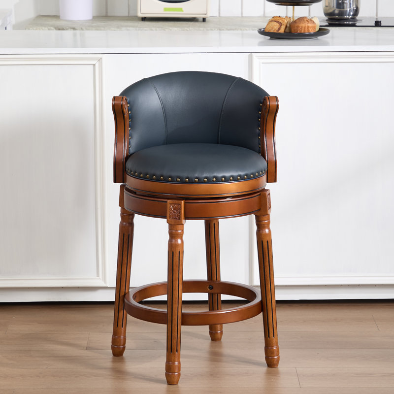 Swivel Bar Stool with Top-Grain Leather Seat, Soft Back, Rubber Wood Frame & Footrest for Kitchen, Dining, or Bar, Blue