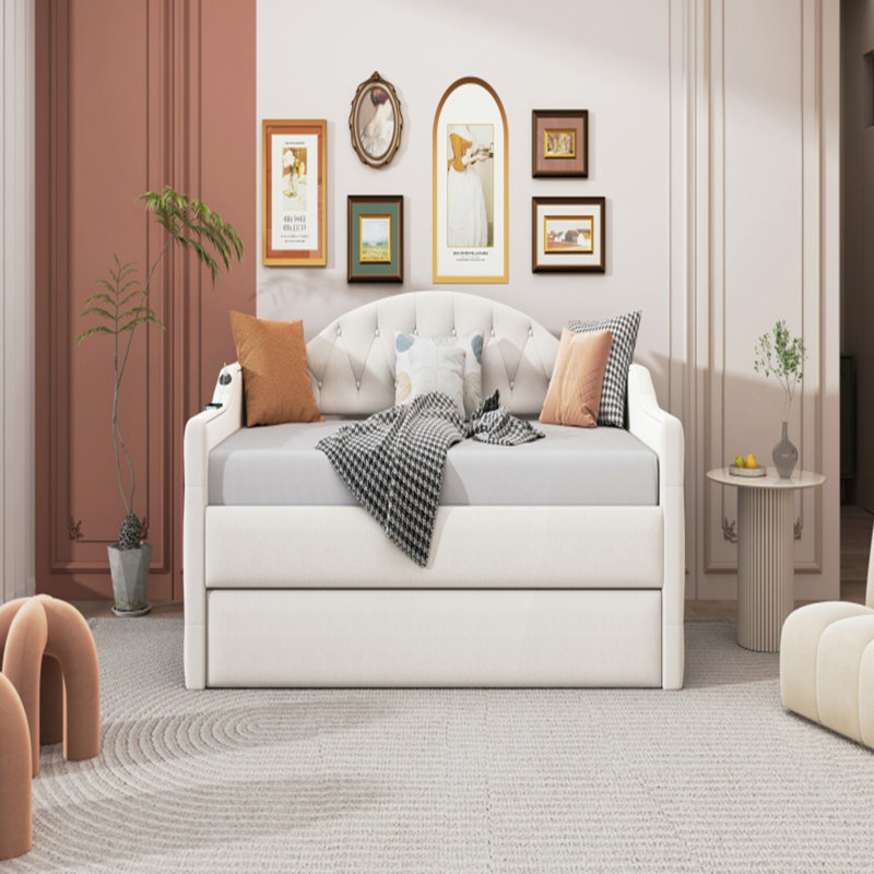 Lit de jour simple rembourré capitonné avec couchette, canapé-lit en velours avec ports USB et ports de charge de type C, aucun sommier nécessaire, beige