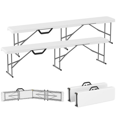 Ensemble de 2 bancs pliants de terrasse en plastique blanc, 1,83 m (6 pi), portatifs, idéaux pour les pique-niques et le camping.