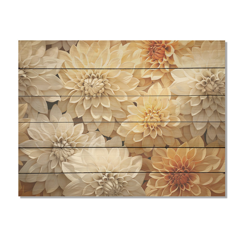 Minimalism Blooming Mums Painting In Beige And White - Mums Wood Art On Natural Pine Wood, 24" H x 32" W