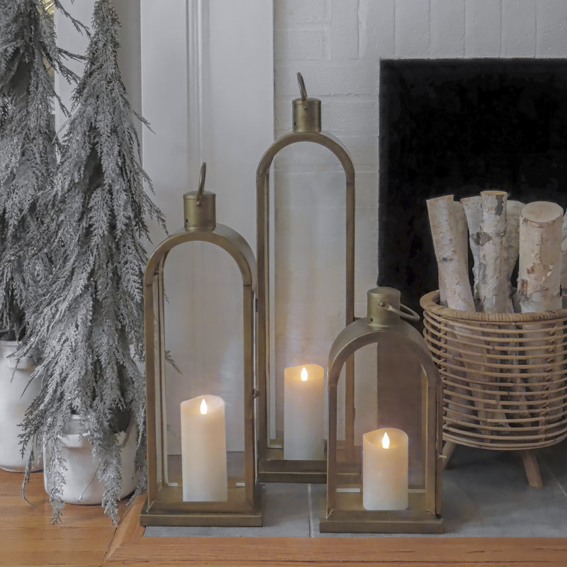 Antique Bronze Arched Candle Lantern with Glass Panels