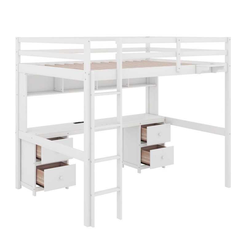 Full Size Loft Bed With Desk, Cabinets, Drawers And Charging Station, White