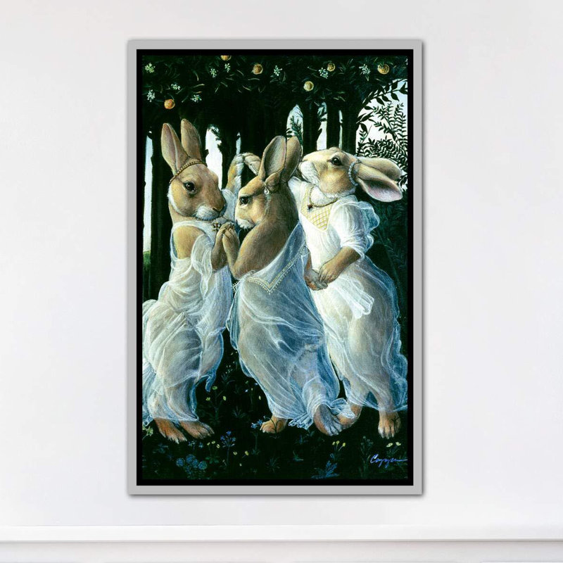 « Bunny graces » par Melinda Copper-impression d’art graphique, H 40 po x l 26 po x P 1,5 po, Toile avec cadre argenté
