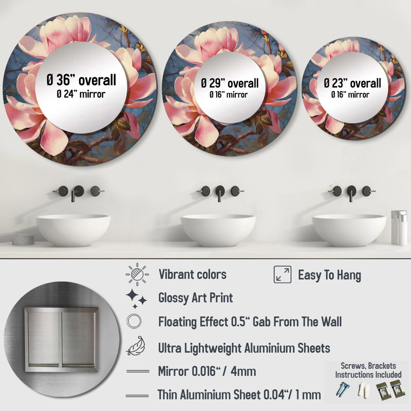Pink White Magnolias Elegance Landscape - Floral Mirror, Pink Round Unique Wall Mirror, Printed Metal Art, 36" x 36"