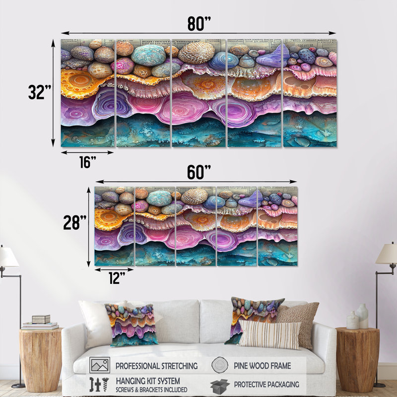 Rose et bleu, corail, océan, bord de merveille - ensemble d'art mural corail, H 32 po x l 80 po