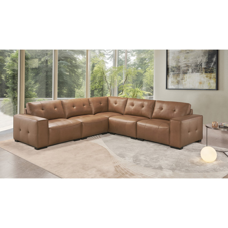 Upholstered Leather 5-piece L-sectional, Brown Faux Leather