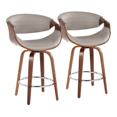 Counter Stool 26 Inch Faux Leather 2 Pieces Grey with Swivel