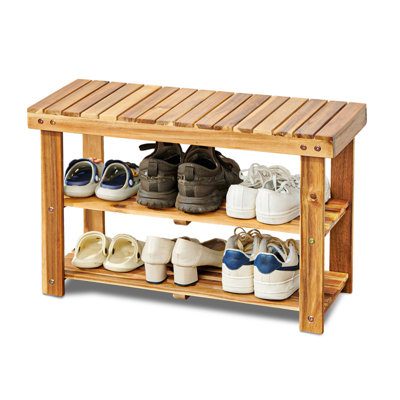 Acacia Wood Shoe Rack Bench, 2-Tier Natural Wooden Shoe Organizer for Entryway, Front Door, or Bathroom, 200 lbs Capacity, 27.6"L x 11"W x 17.8"H, Durable and Easy to Assemble