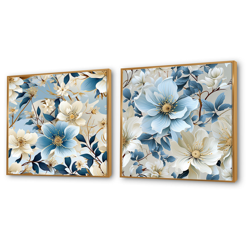 Gamache - Ensemble de 2 collages carrés floraux, H 16 po x l 33 po, Cadre flottant doré
