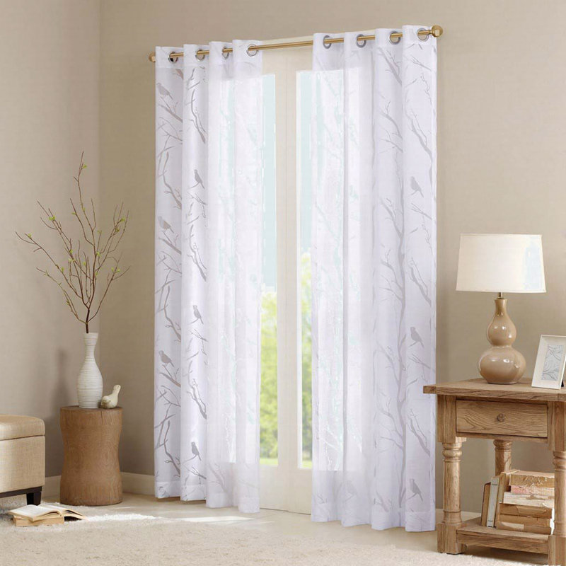 Grommet Top Sheer Bird Window Curtain, 50.13" W x 84.16" L, White