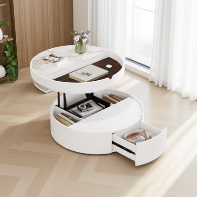 Table basse ronde à 1 tiroir avec plateau en marbre et grain de bois 29,5 po