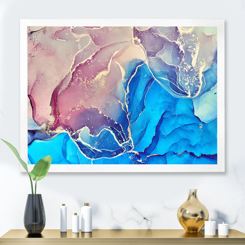 Art liquide bleu et mauve I - reproduction sur toile, H 30 po x l 40 po, Cadre d'angle fermé blanc