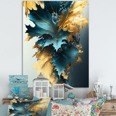 Abstrait bleu et feuilles d'or II - feuilles, art mural