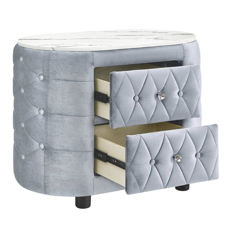 Table de chevet ovale de style moderne gris, surface en faux marbre, tissu recouvert de capitonnage, deux tiroirs de rangement pour le revêtement de la chambre à coucher