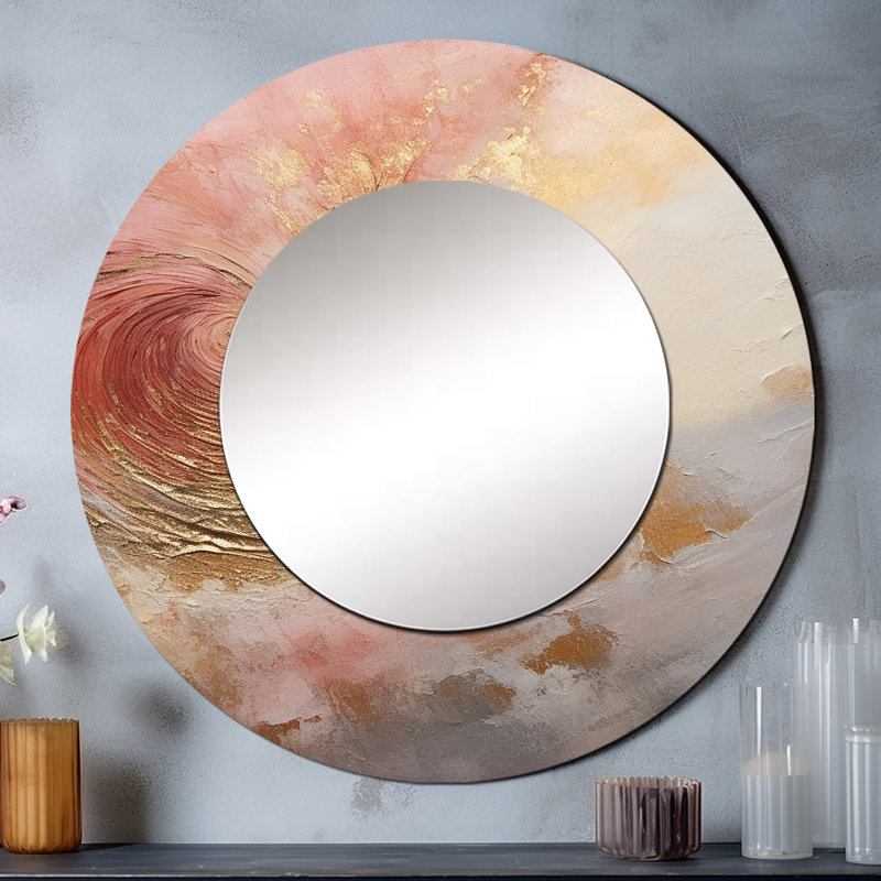 Or rose désert Mirage Vortex en spirale - abstrait spirales murales, miroir rond décoratif moderne, impression sur métal