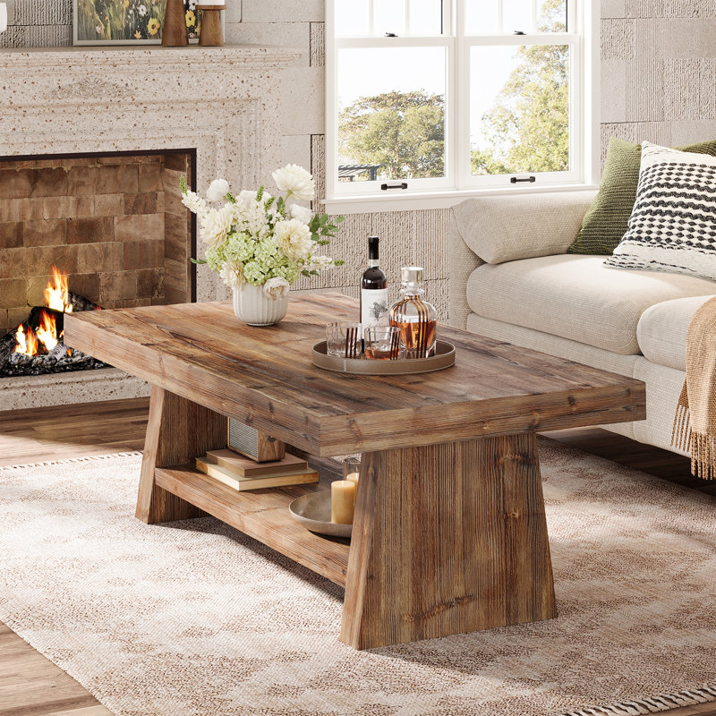 Table basse rectangulaire en bois massif, centre de 47 pouces en bois véritable avec rangement, Brun clair carbonisé