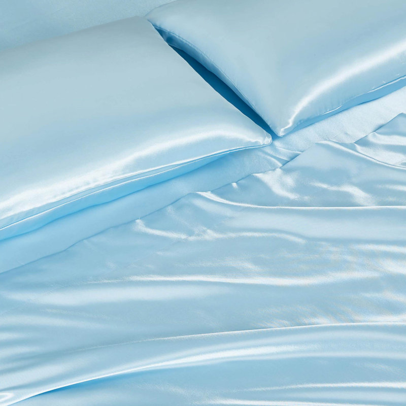 Juicy Couture Premium Silky Satin Sheet Sets, King Sheet Set with 2 Pillowcases, Light Blue