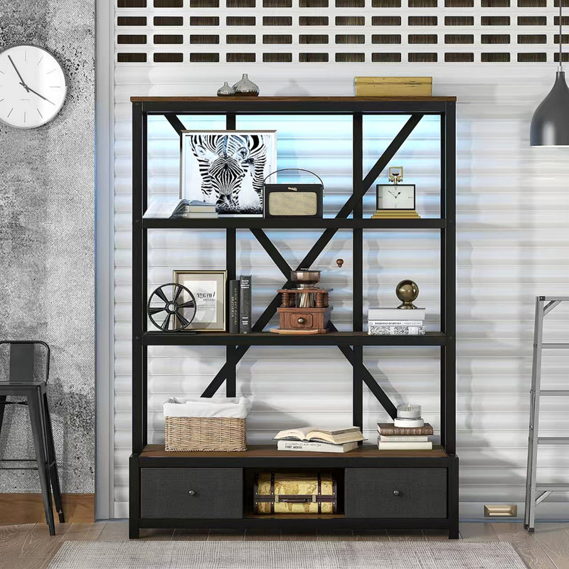 3-Shelf Metal Bookcase With Drawers For Home Office, Open Bookcase, Vintage Industrial Style Bookcase With LED, Walnut
