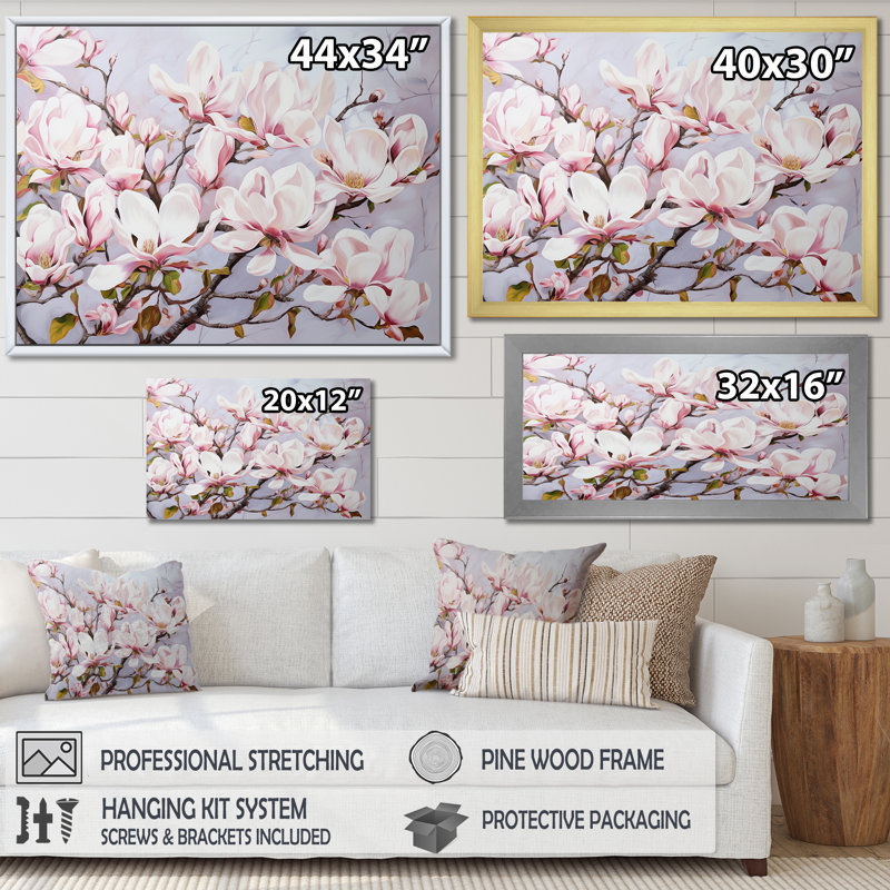 Fleurs de magnolia roses sur toile, H 24 po x l 32 po x P 1 po, Toile tendue