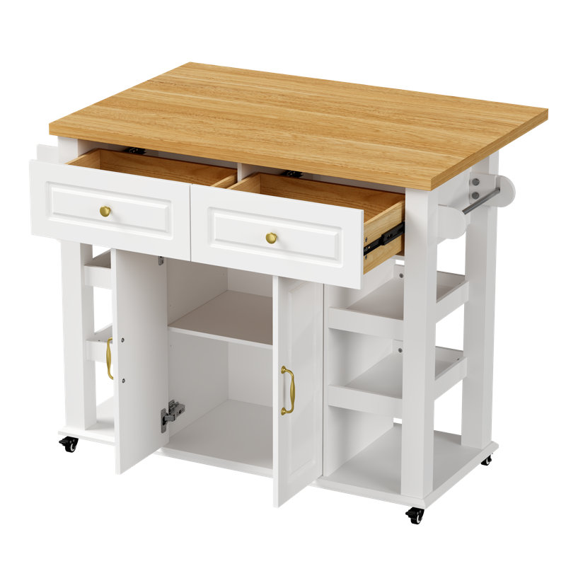 Table de bricolage de 107 cm avec rangement, plateau extensible et pliable de 47,2 cm à 72,4 cm, 2 tiroirs, placard, 6 étagères ouvertes et roulettes