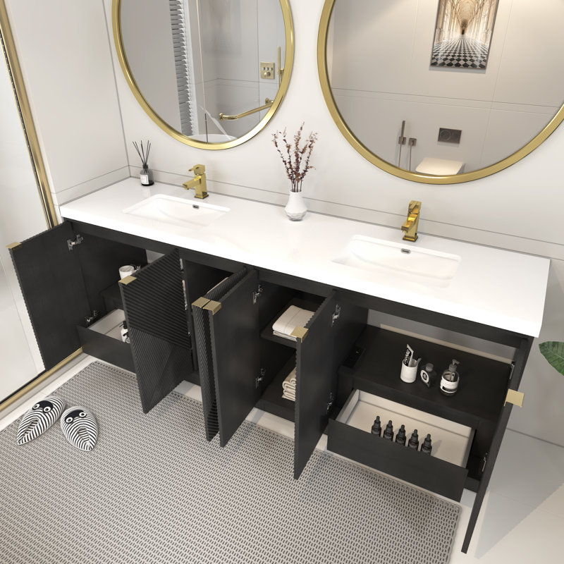 Monterey 83.8" Freestanding Bathroom Vanity with Reinforced Acrylic DOUBLE Sink, Black