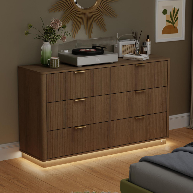 Commode cannelée de 54 po de largeur avec éclairage, commode pour chambre à coucher avec 6 tiroirs, Jaune