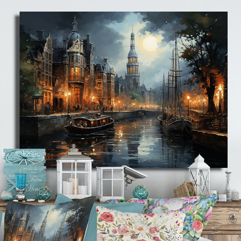 Danemark, Amsterdam, canal, nuit I - impression sur métal, H 24 po x l 32 po x P 1 po
